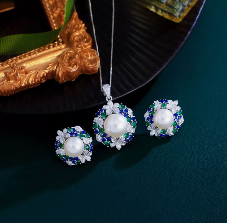 White Gold Plated Cubic Zircon Flower Pearl Pendant Earrings Jewelry Set