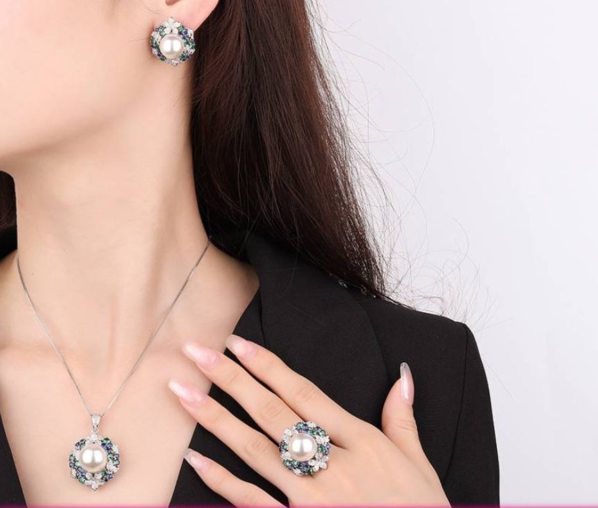 White Gold Plated Cubic Zircon Flower Pearl Pendant Earrings Jewelry Set